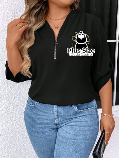 Camisa Com Zíper Manga 7/8 Plus Size Blusa