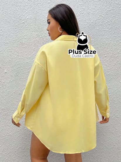 Camisa De Botão Amarelo Manteiga Plus Size Blusa