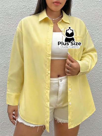 Camisa De Botão Amarelo Manteiga Plus Size Blusa