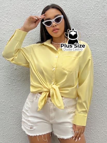 Camisa De Botão Amarelo Manteiga Plus Size Blusa