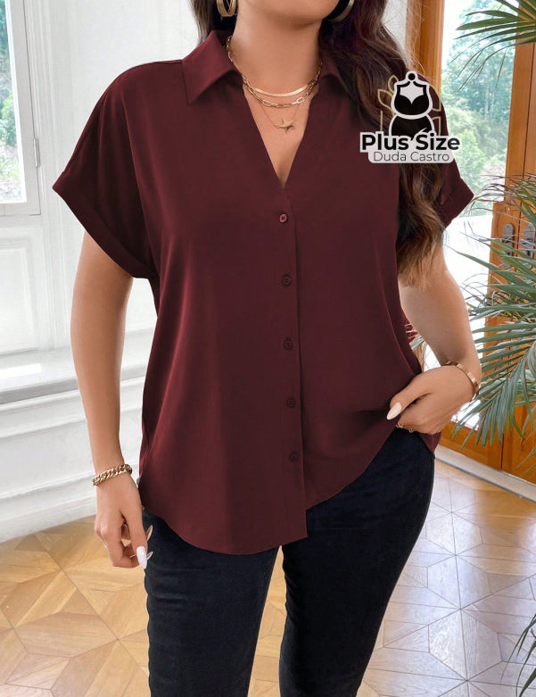 Camisa De Botão Básica Manga Asa Morcego Várias Cores Plus Size Blusa