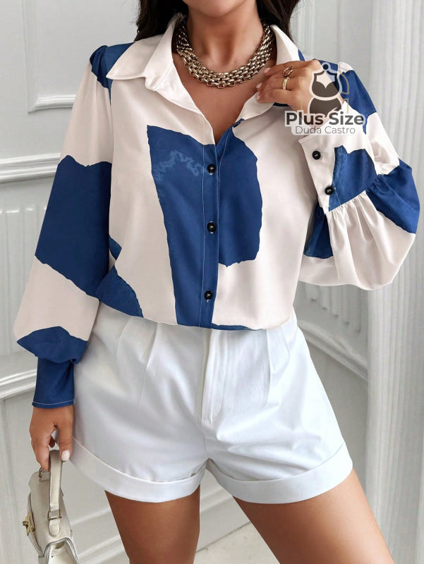 Camisa de Botão Social Plus Size com Estampa de Contrastante Camisa de Botão Social Plus Size com Estampa de