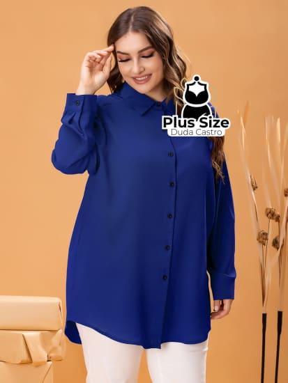 Camisa De Botões Clássica G / Azul Blusa Plus Size