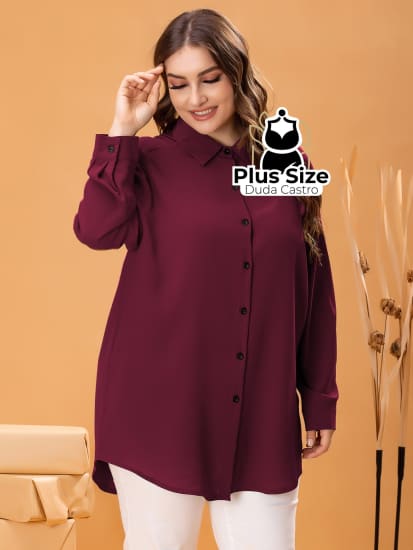 Camisa De Botões Clássica G / Bordô Blusa Plus Size