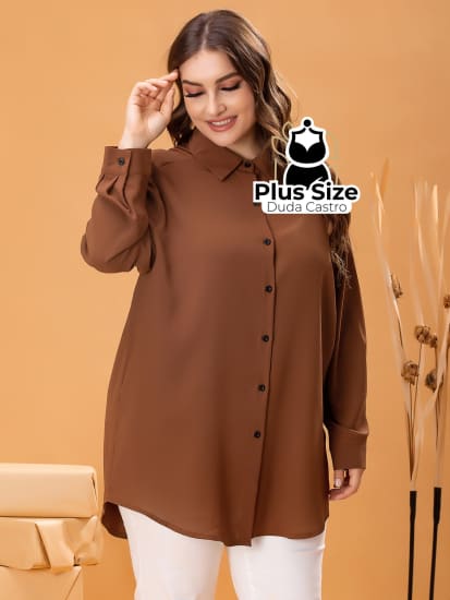 Camisa De Botões Clássica G / Café Blusa Plus Size