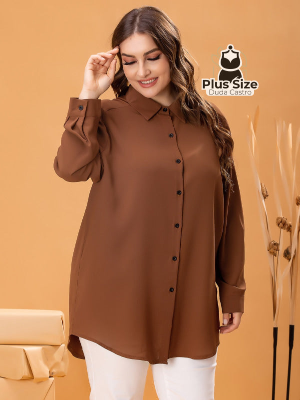 Camisa De Botões Clássica G / Café Blusa Plus Size