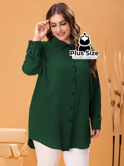 Camisa De Botões Clássica G / Verde Escuro Blusa Plus Size