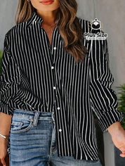 Camisa de Botões Listrada de Manga Longa Solta Plus Size Várias Cores Camisa de Botões Listrada de Manga Longa Solta