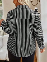 Camisa de Botões Listrada de Manga Longa Solta Plus Size Várias Cores Camisa de Botões Listrada de Manga Longa Solta