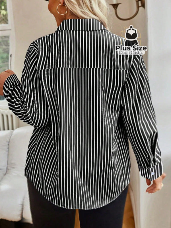 Camisa de Botões Listrada de Manga Longa Solta Plus Size Várias Cores Camisa de Botões Listrada de Manga Longa Solta
