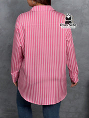 Camisa de Botões Listrada de Manga Longa Solta Plus Size Várias Cores Camisa de Botões Listrada de Manga Longa Solta