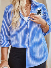 Camisa de Botões Listrada de Manga Longa Solta Plus Size Várias Cores Camisa de Botões Listrada de Manga Longa Solta