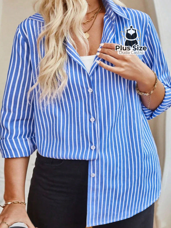 Camisa de Botões Listrada de Manga Longa Solta Plus Size Várias Cores Camisa de Botões Listrada de Manga Longa Solta