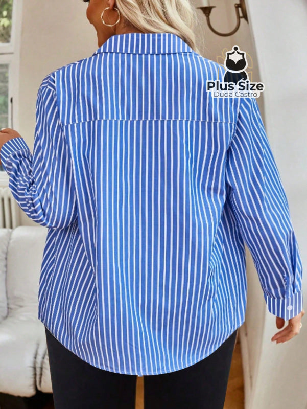 Camisa de Botões Listrada de Manga Longa Solta Plus Size Várias Cores Camisa de Botões Listrada de Manga Longa Solta