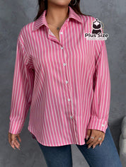 Camisa de Botões Listrada de Manga Longa Solta Plus Size Várias Cores Camisa de Botões Listrada de Manga Longa Solta