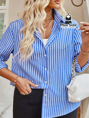 Camisa de Botões Listrada de Manga Longa Solta Plus Size Várias Cores Camisa de Botões Listrada de Manga Longa Solta