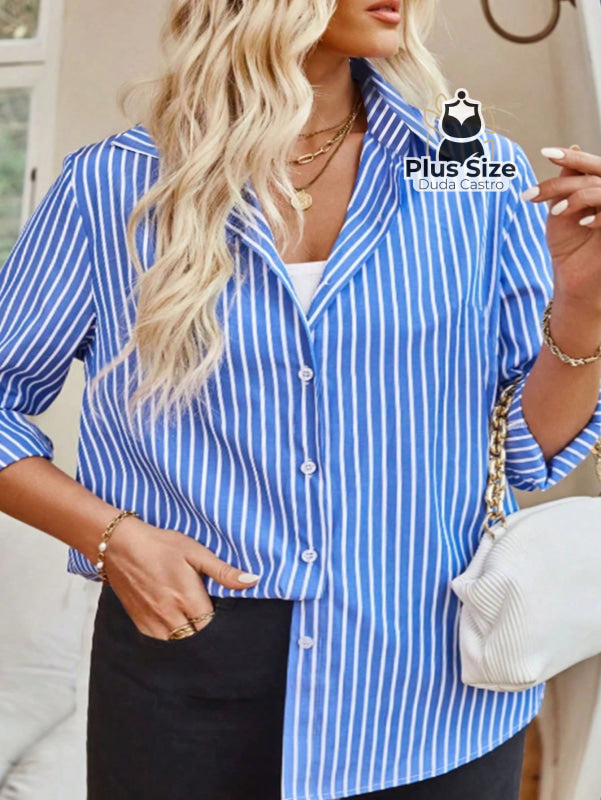 Camisa de Botões Listrada de Manga Longa Solta Plus Size Várias Cores Camisa de Botões Listrada de Manga Longa Solta