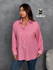 Camisa de Botões Listrada de Manga Longa Solta Plus Size Várias Cores Camisa de Botões Listrada de Manga Longa Solta