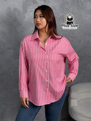 Camisa de Botões Listrada de Manga Longa Solta Plus Size Várias Cores Camisa de Botões Listrada de Manga Longa Solta