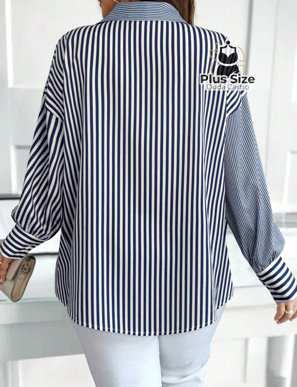 Camisa de Listras Verticais de Botão Plus Size Várias Cores Camisa de Listras Verticais de Botão Plus Size Várias Cores