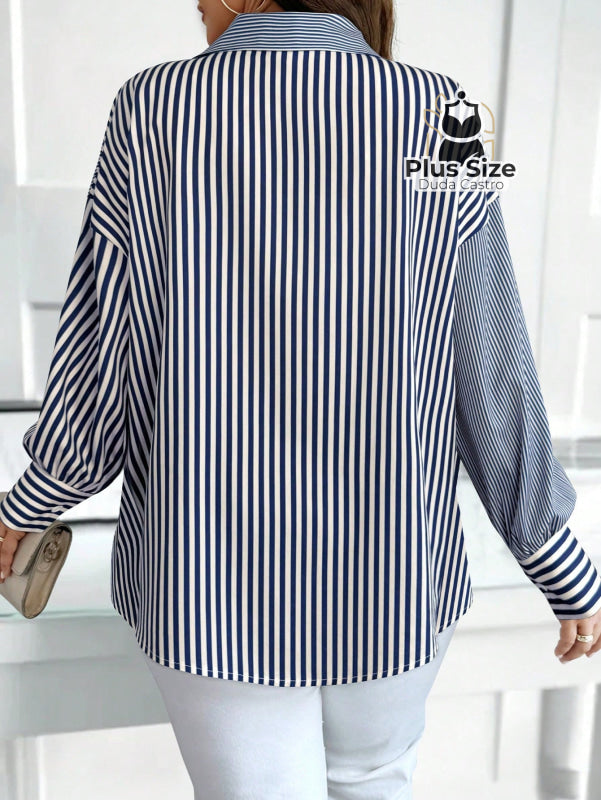 Camisa de Listras Verticais de Botão Plus Size Várias Cores Camisa de Listras Verticais de Botão Plus Size Várias Cores