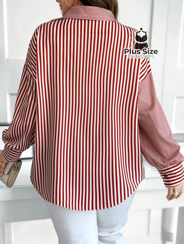 Camisa de Listras Verticais de Botão Plus Size Várias Cores Camisa de Listras Verticais de Botão Plus Size Várias Cores