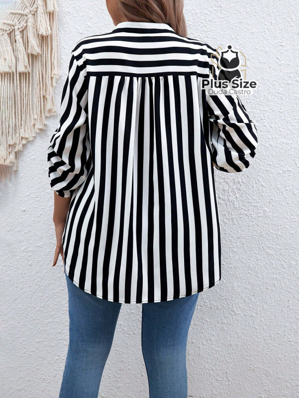 Camisa De Listras Verticais Manga Dobrável Várias Cores Plus Size Blusa