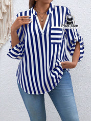 Camisa De Listras Verticais Manga Dobrável Várias Cores Plus Size Blusa