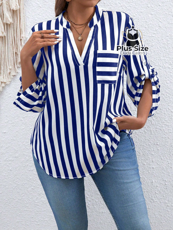 Camisa De Listras Verticais Manga Dobrável Várias Cores Plus Size Blusa