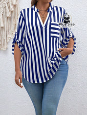 Camisa De Listras Verticais Manga Dobrável Várias Cores Plus Size Blusa