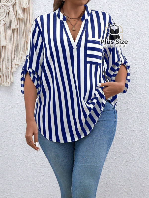 Camisa De Listras Verticais Manga Dobrável Várias Cores Plus Size Blusa