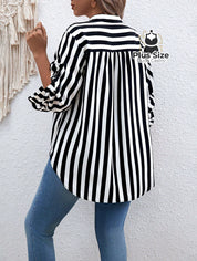 Camisa De Listras Verticais Manga Dobrável Várias Cores Plus Size Blusa