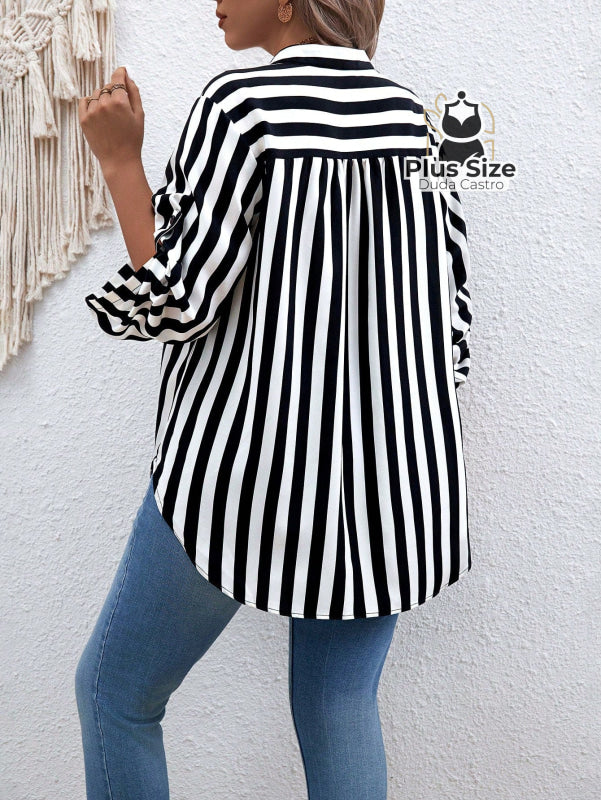 Camisa De Listras Verticais Manga Dobrável Várias Cores Plus Size Blusa