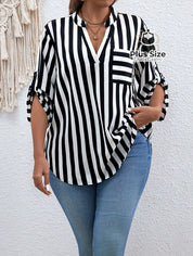 Camisa De Listras Verticais Manga Dobrável Várias Cores Plus Size Blusa