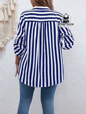 Camisa De Listras Verticais Manga Dobrável Várias Cores Plus Size Blusa