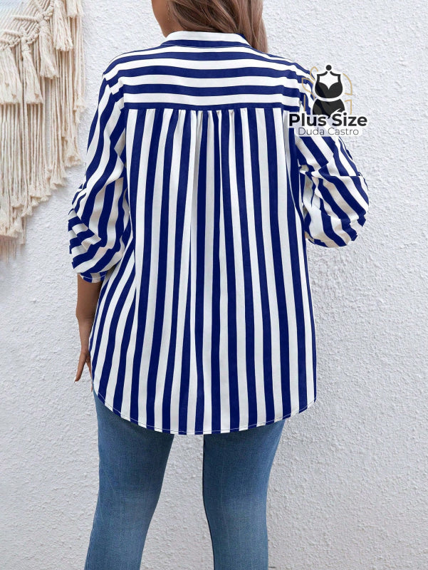 Camisa De Listras Verticais Manga Dobrável Várias Cores Plus Size Blusa