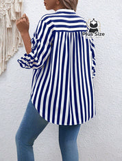 Camisa De Listras Verticais Manga Dobrável Várias Cores Plus Size Blusa