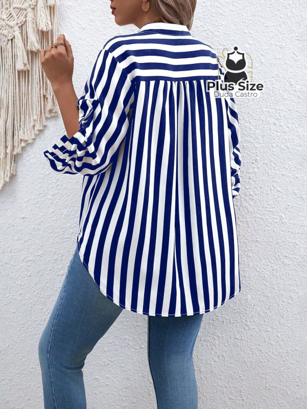 Camisa De Listras Verticais Manga Dobrável Várias Cores Plus Size Blusa