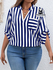 Camisa De Listras Verticais Manga Dobrável Várias Cores Plus Size Blusa