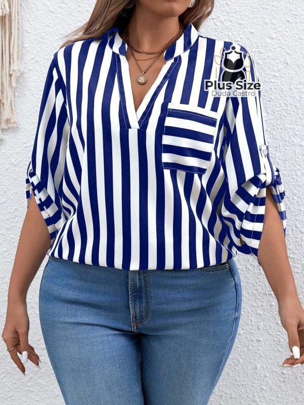 Camisa De Listras Verticais Manga Dobrável Várias Cores Plus Size Blusa