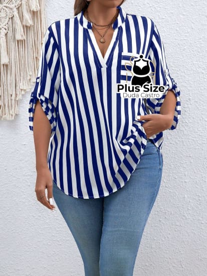 Camisa De Listras Verticais Manga Dobrável Várias Cores Plus Size G / Azul Escuro Blusa