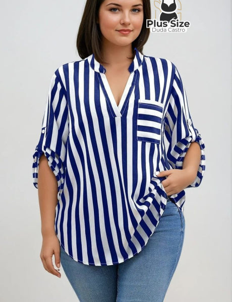  Azul Escuro Camisa de Listras Verticais –