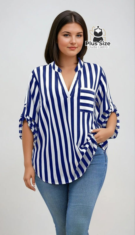 Camisa de Listras Verticais – Poder nas Listras Sofisticação no Caimento G / Azul Escuro Camisa de Listras Verticais –