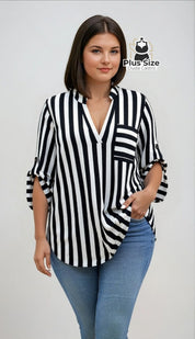 Camisa de Listras Verticais – Poder nas Listras Sofisticação no Caimento G / Preto e Branco Camisa de Listras Verticais