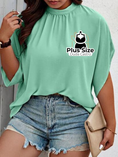 Camisa De Manga Curta Com Gola Em Pé Plus Size Várias Cores G / Verde Menta