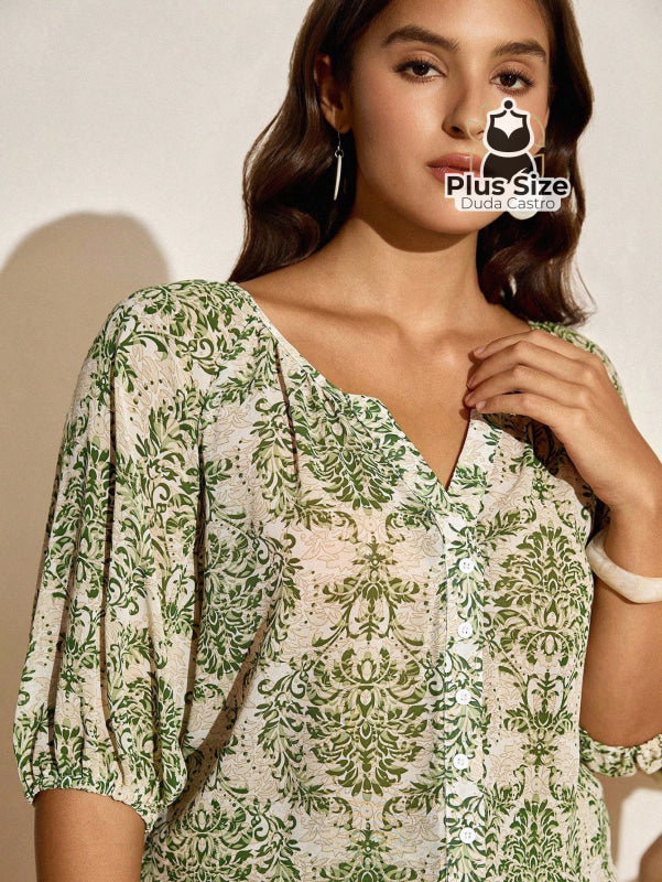 Camisa de Manga Lanterna 3/4 Estampada Plus Size – Sofisticação e Estilo Exclusivo Camisa de Manga Lanterna 3/4