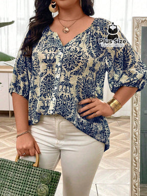 Camisa De Manga Lanterna 3/4 Estampada Plus Size – Sofisticação E Estilo Exclusivo