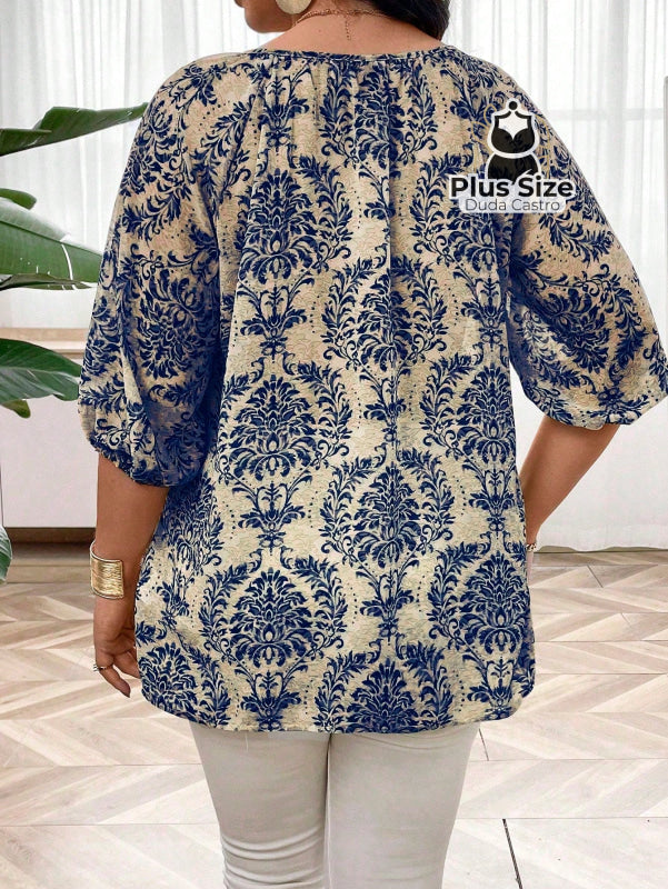 Camisa de Manga Lanterna 3/4 Estampada Plus Size – Sofisticação e Estilo Exclusivo Camisa de Manga Lanterna 3/4