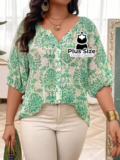 Camisa De Manga Lanterna 3/4 Estampada Plus Size Blusa