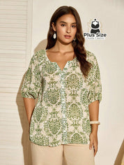 Camisa de Manga Lanterna 3/4 Estampada Plus Size – Sofisticação e Estilo Exclusivo Camisa de Manga Lanterna 3/4